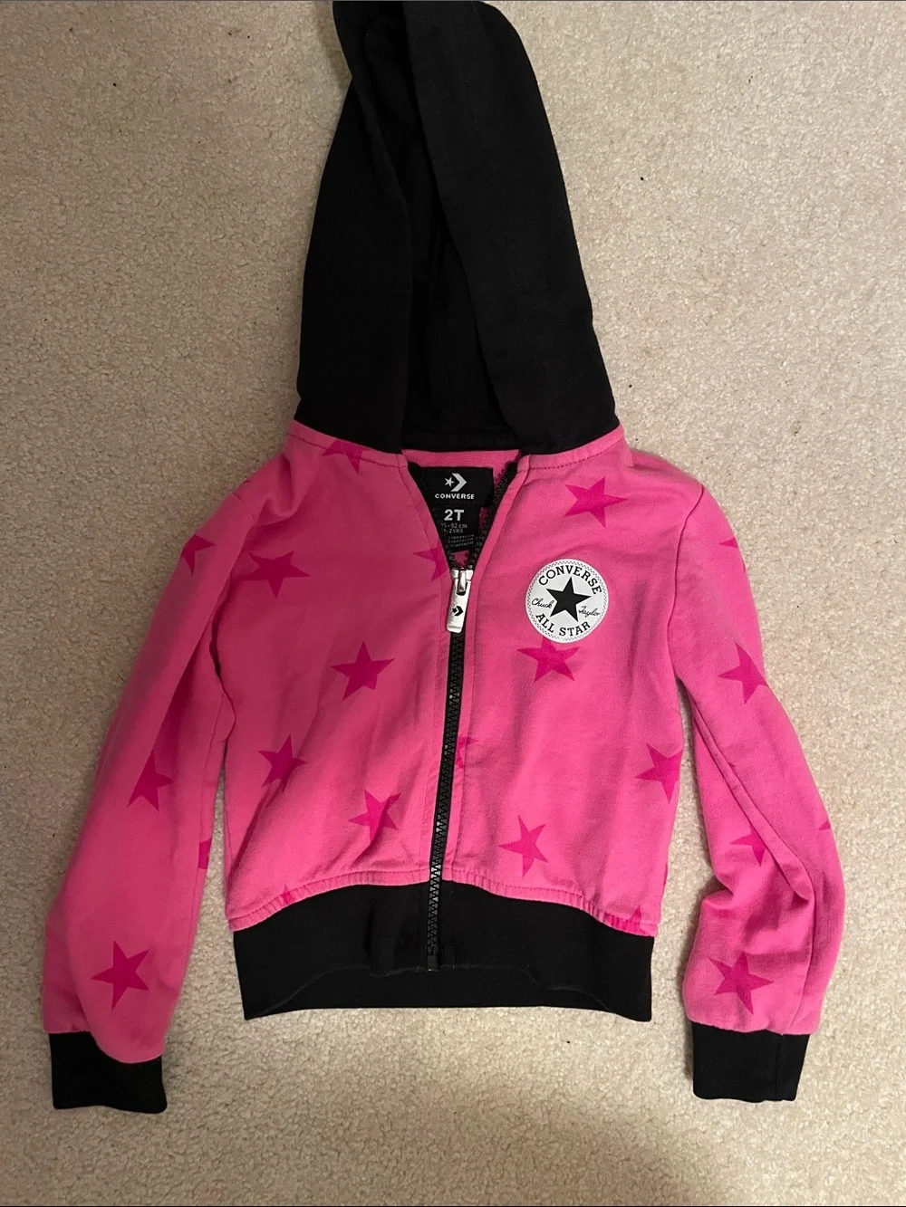 Converse Girls Hot Pink Star Zip Hoodie with Black Hood - 2T